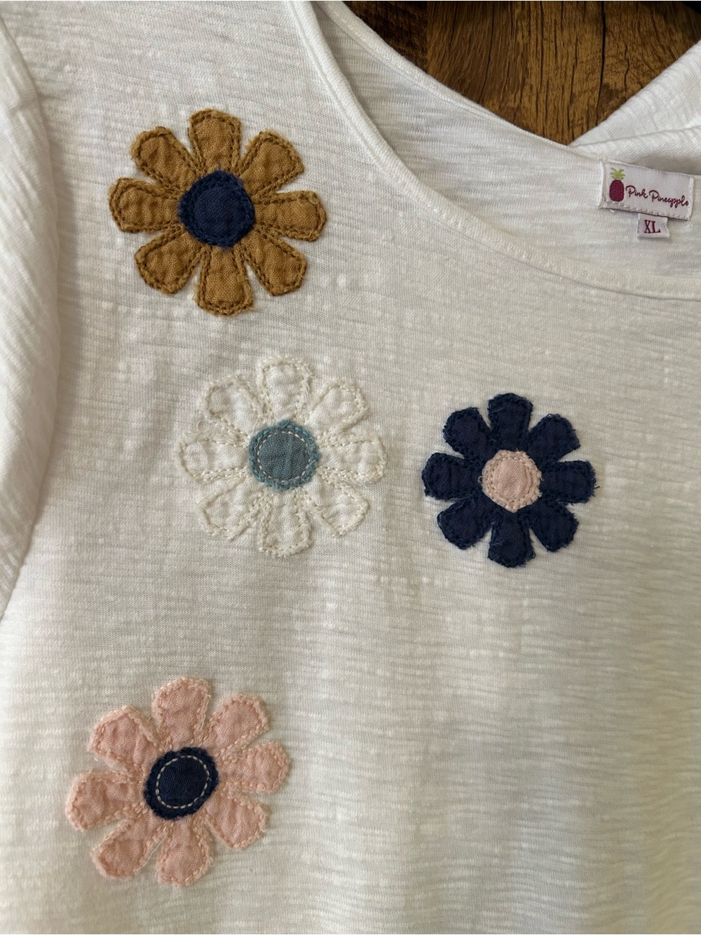 White Women’s ' Floral Appliqué Top - White with Pastel Flowers